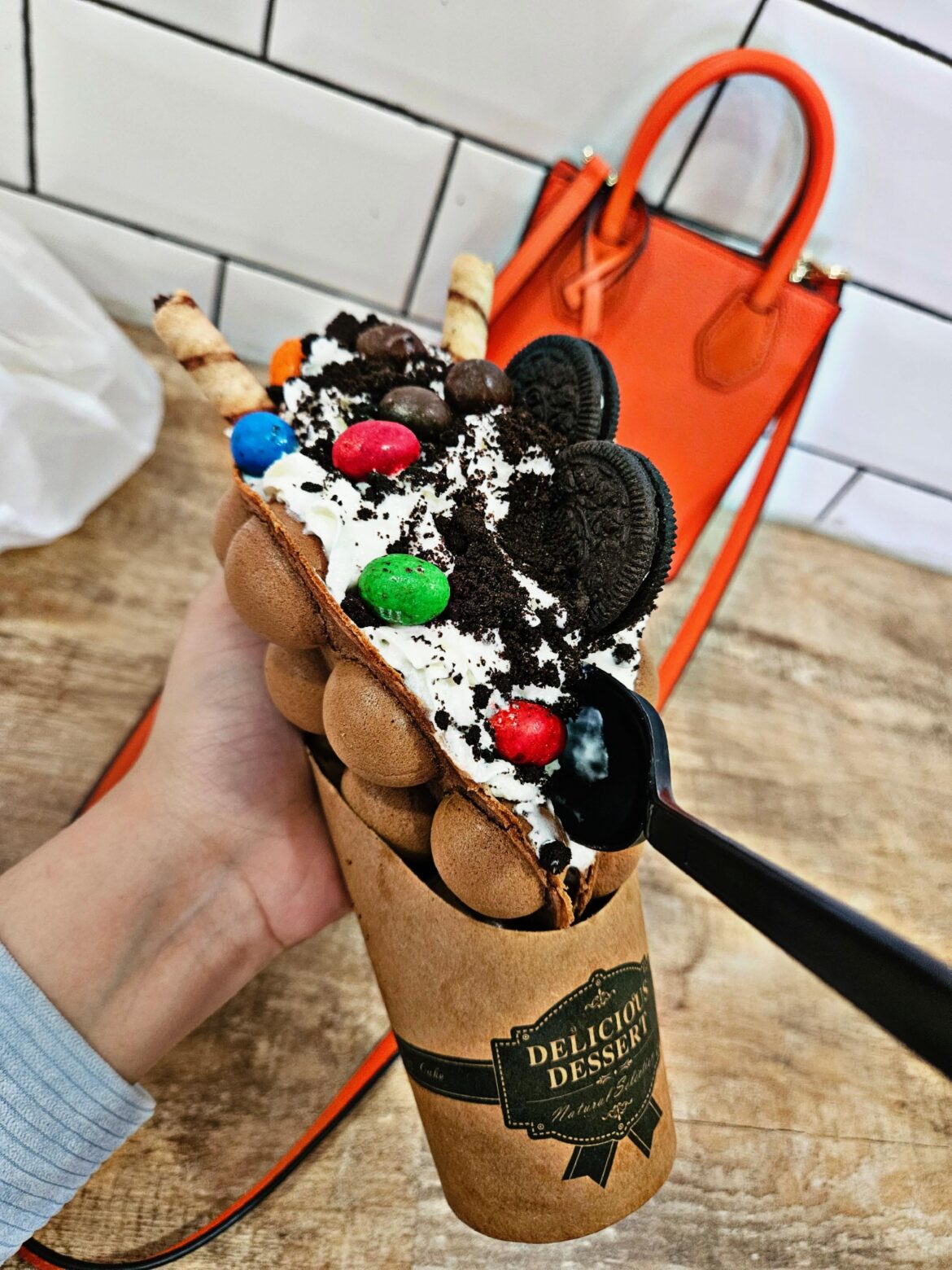 Chocolate bubble waffle with vanilla ice cream