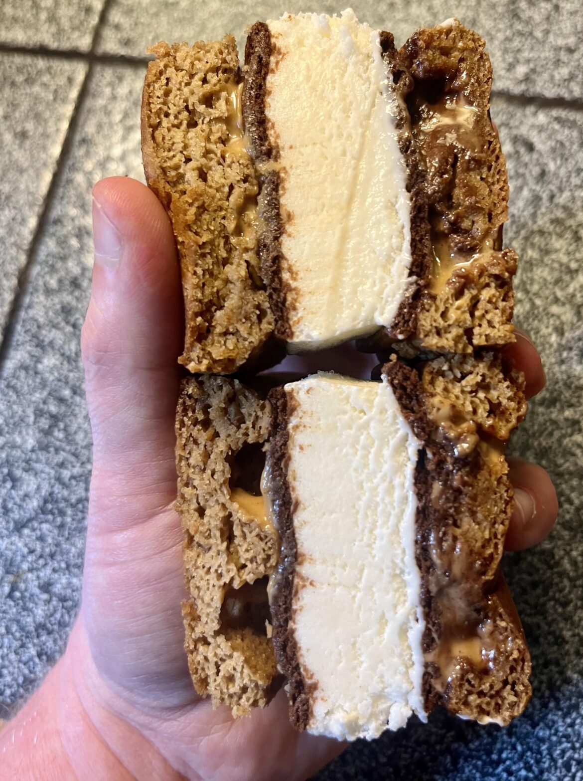 Ice cream sandwich sandwich: banana bread mini waffles, two types of peanut butter, and a Fat Boy Junior.