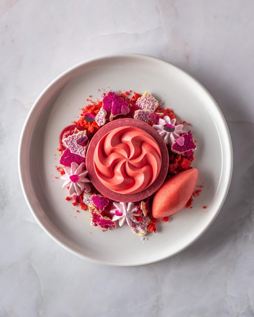 Raspberry Cremeux, White Chocolate Ganache, Strawberry Sorbet, Strawberry Whipped Cream, Raspberry Gel, Lemon Meringue, Almond Cookie Crumble