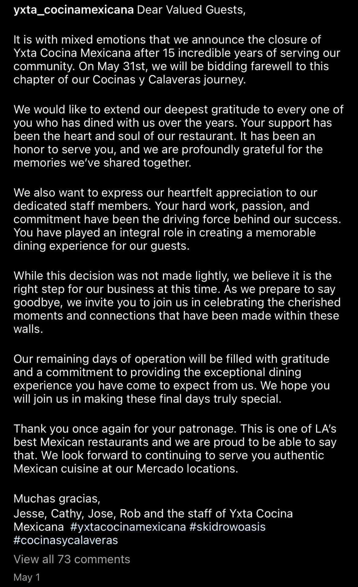 Yxta Cocina Mexicana’s last day of business is tomorrow, May 31