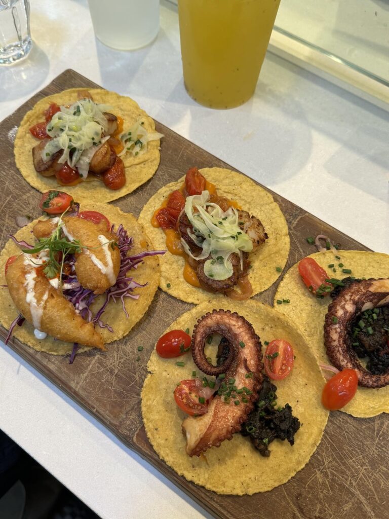 My usual at Holbox. Scallop & Pulpo tacos + smoked kanpachi tostada. We tried the Baja shrimp taco this time too.