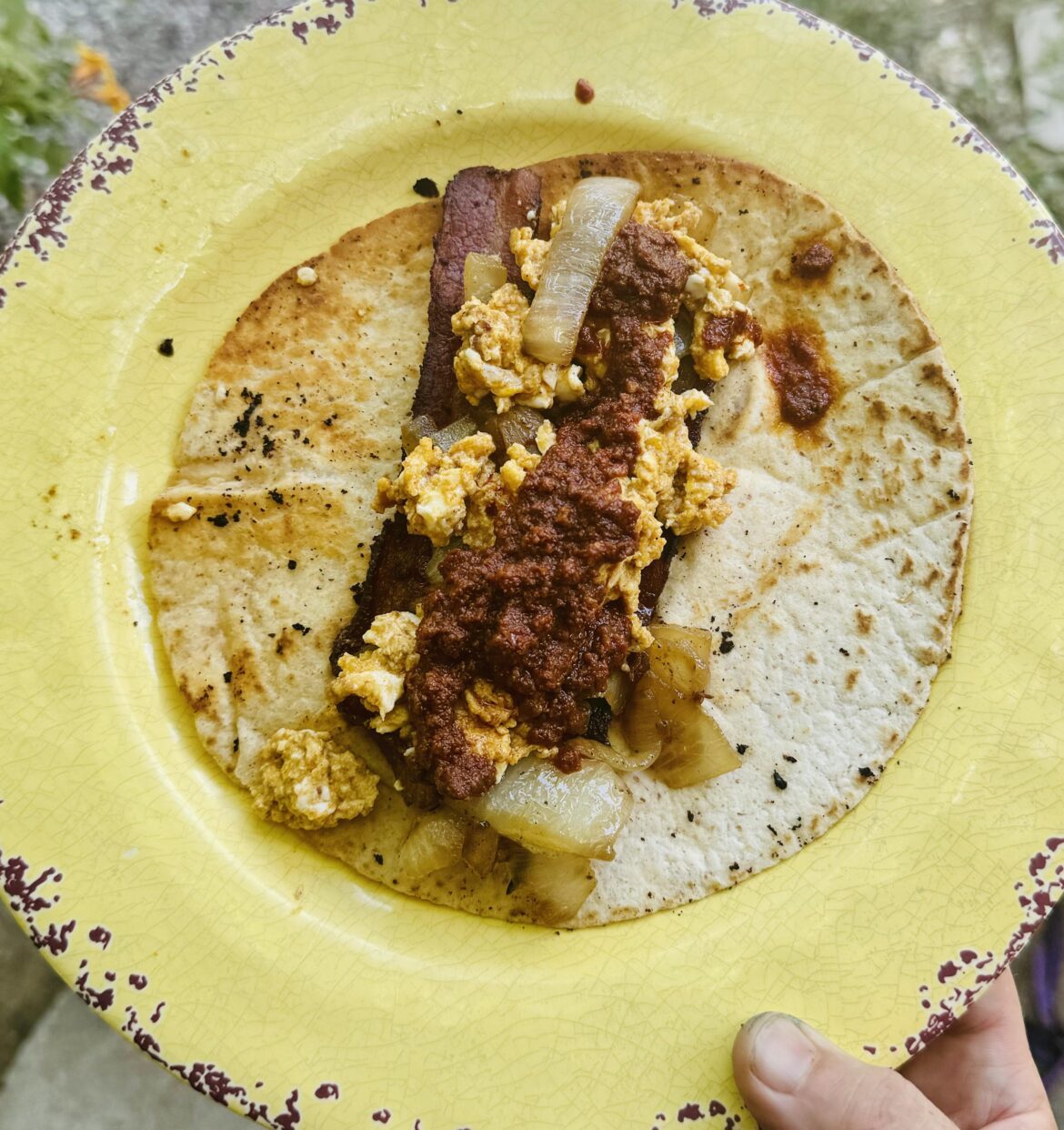 Creole bacon, egg, chorizo & caramelized onion burrito Creole bacon, egg, chorizo & caramelized onion burrito