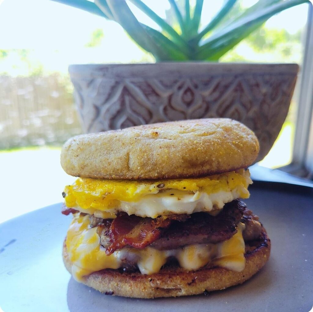 Double sausage, bacon egg and cheese breakfast muffin!