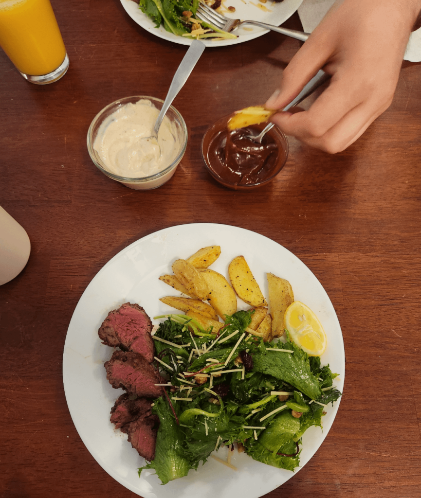 Bistro steak with crispy potato wedges! I'm not usually a fan of the bavette steak but was really glad we tried this. The dips were the star of the show!
