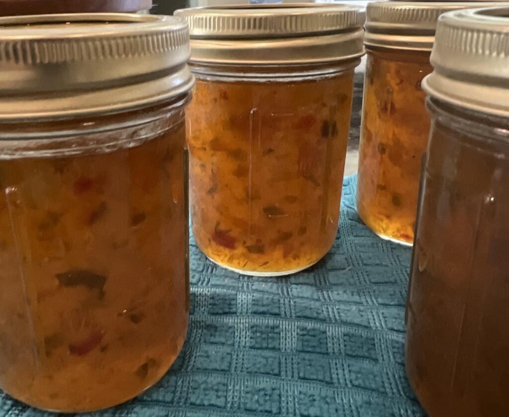 My first time canning! Used my garden banana and bell peppers to make some pepper jelly! Recipe in comments!
