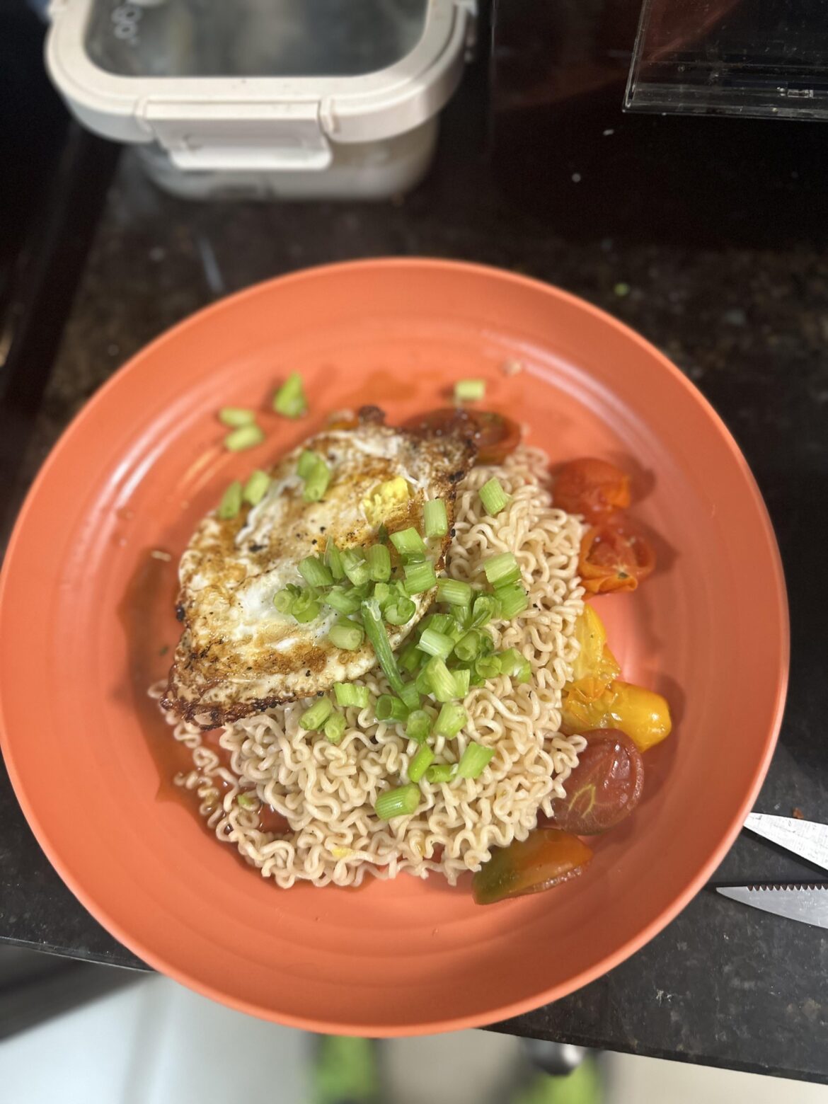 Pancit Canton with Egg, Green Onion, and Cherry Tomato