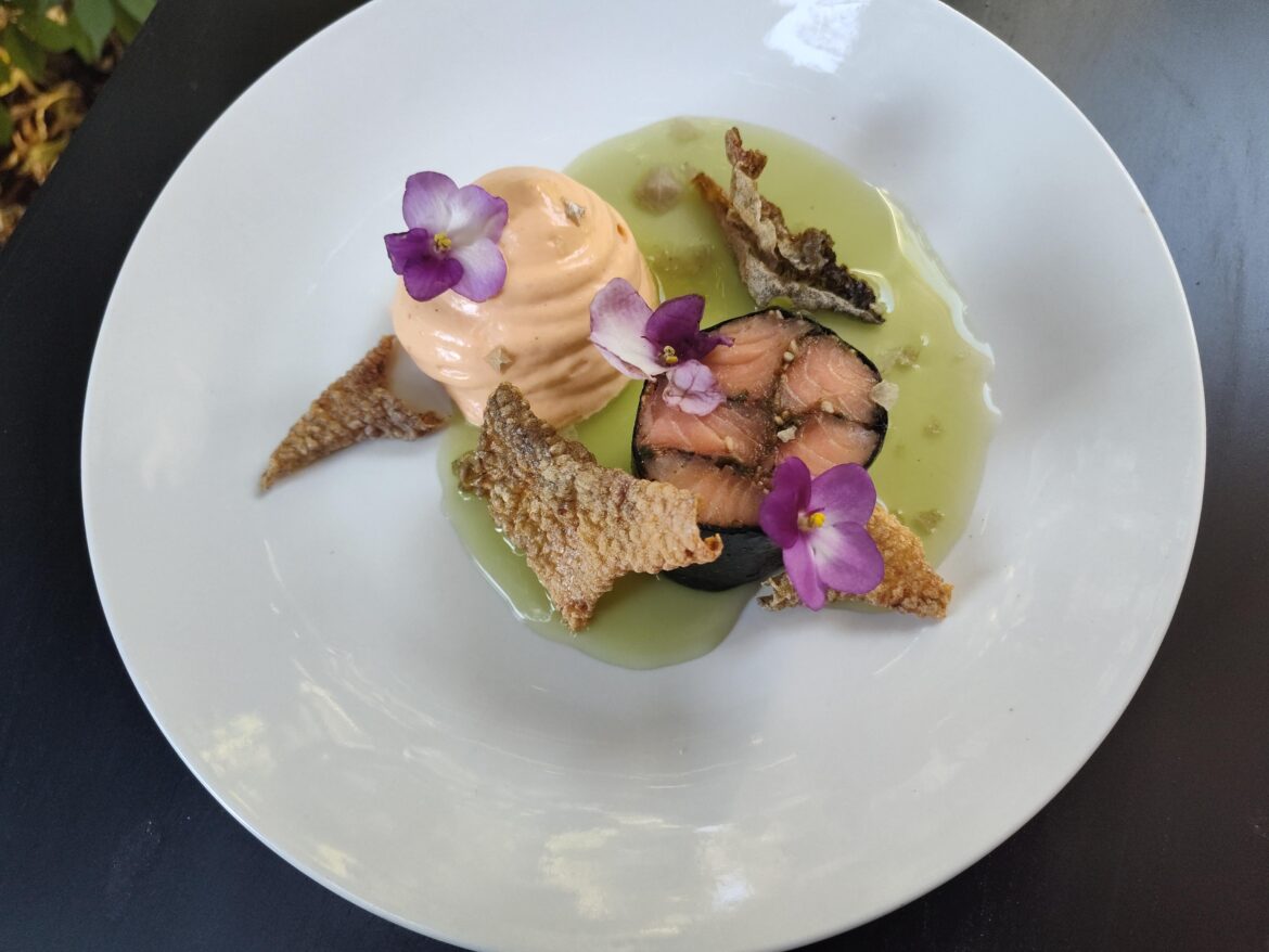 Salmon mosiac red pepper foam dehydrated salmon skin with ginger and cucumber puree