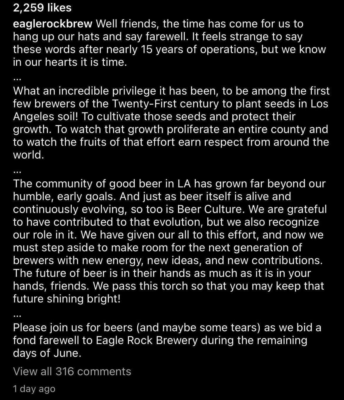 14-year old Eagle Rock Brewery is closing