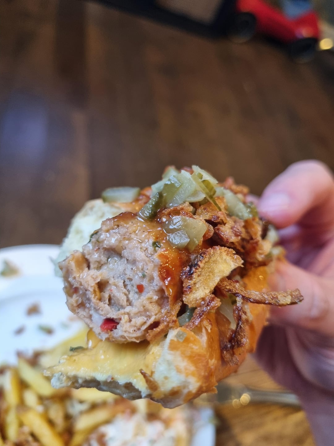 Lidl chilli cheese hot dogs with gherkins and crispy onions, cheesy