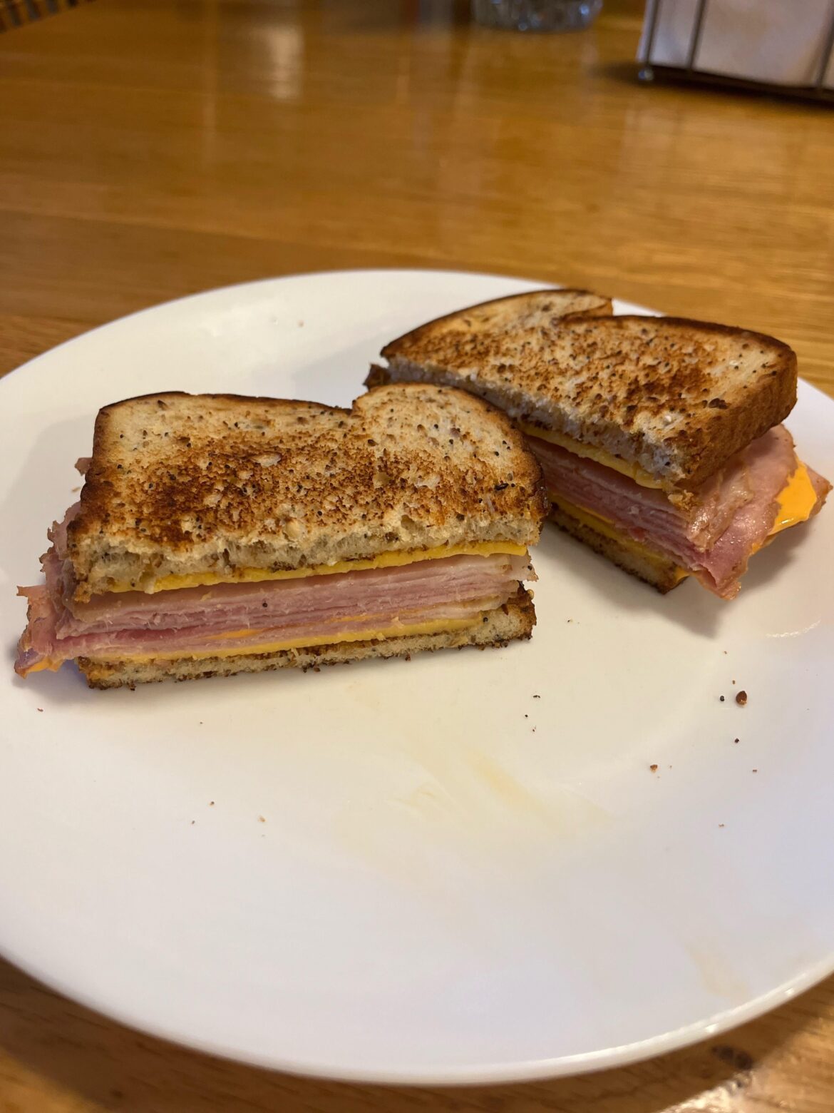 Simple yet satisfying. Toasted ham and cheese with siracha mayo