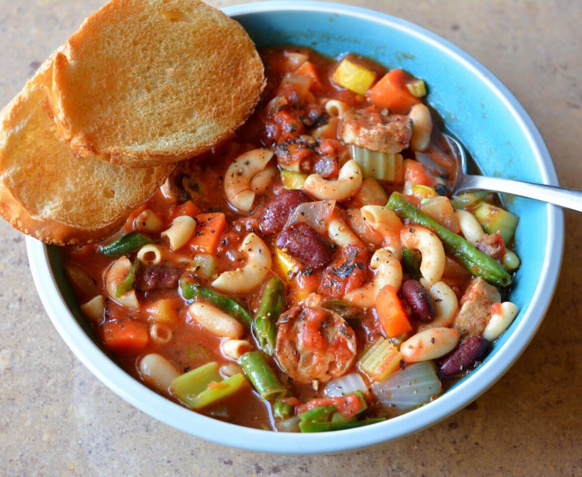 (235 cal, 17 P) 2 cup serving of hearty minestrone soup (bread cals not included)