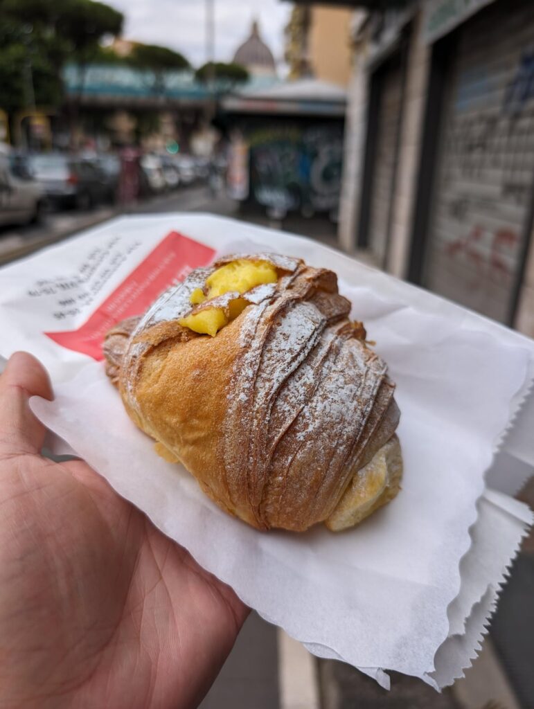 Trip to Rome. Cornetto with cream filling, Ice cream (pistachio and salted caramel), focaccia coppa di testa.