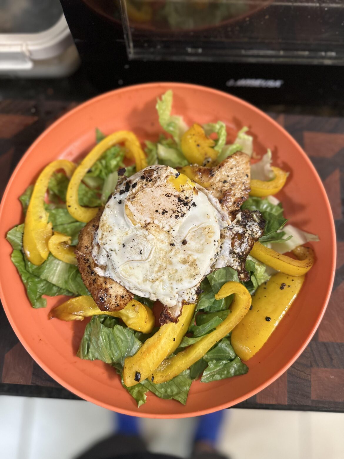 Chicken cutlet on veggies with an egg on top.