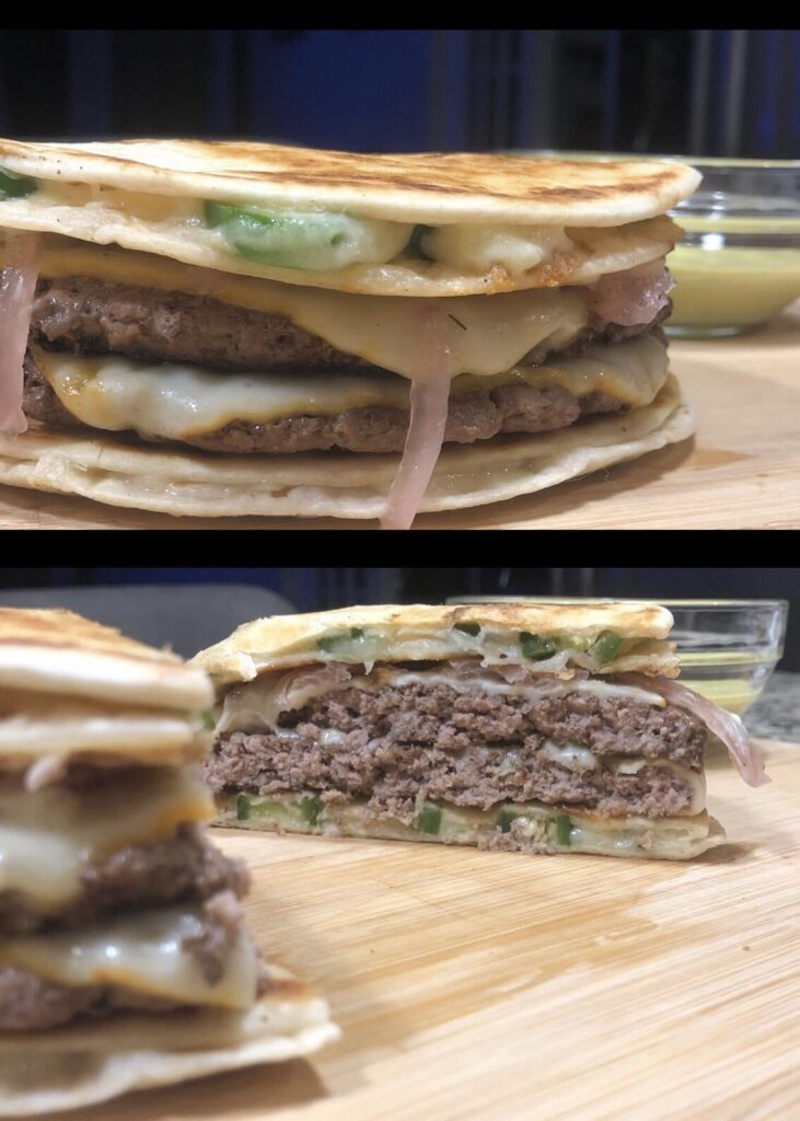 Double serrano cheese quesadilla burger