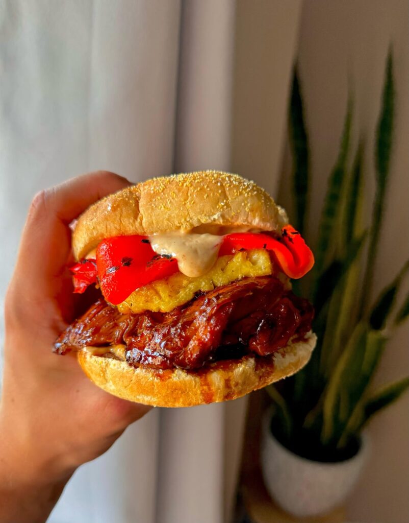 Glazed Teriyaki Chicken Sandwiches, with Seared Pineapple, Roasted red Peppers and Garlic mayo