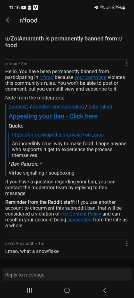 Got banned from r/food over pointing out cruelty