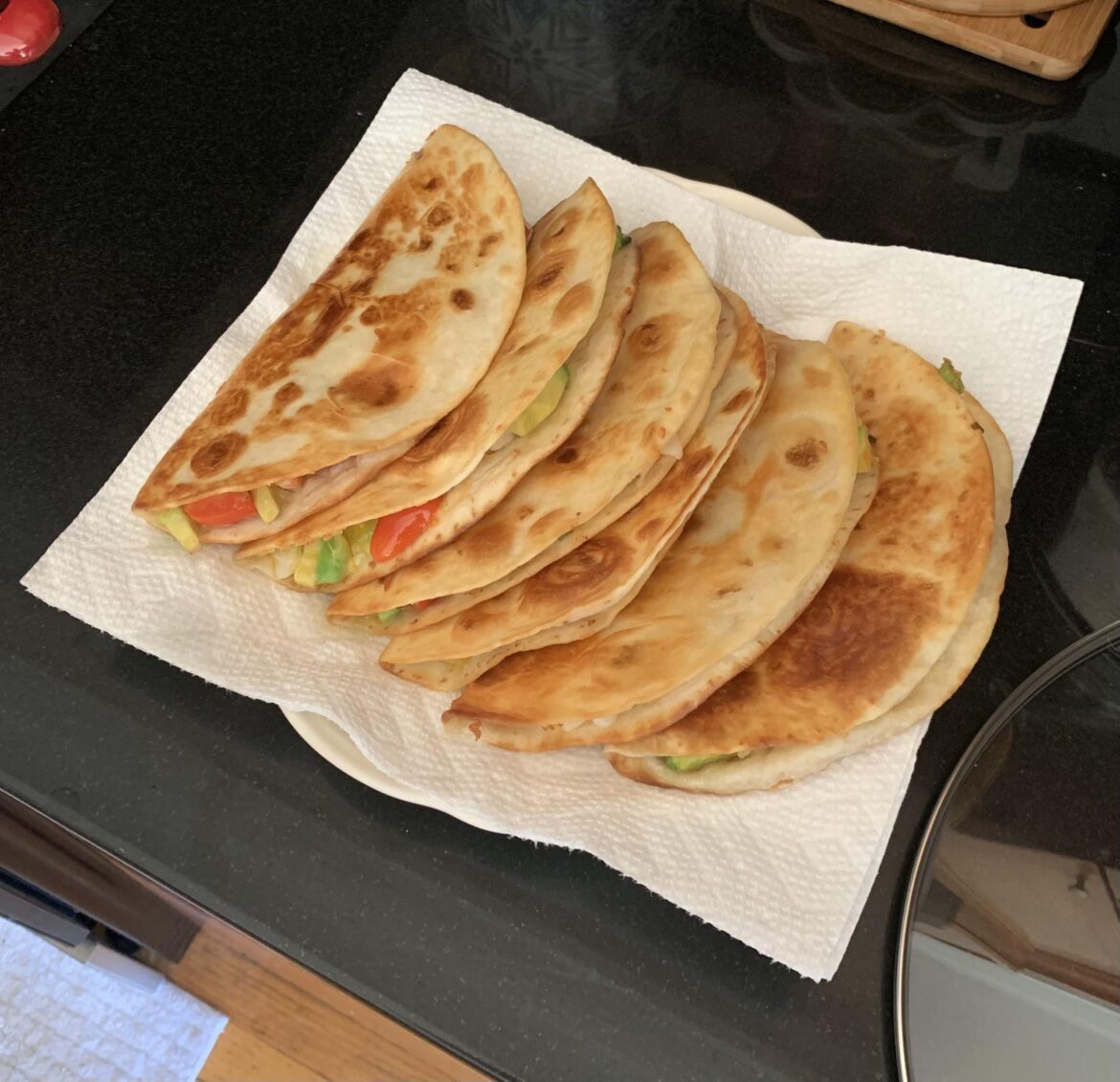 Crab and Avocado Quesadillas on deck. Avocado salsa not pictured, but just as delicious.