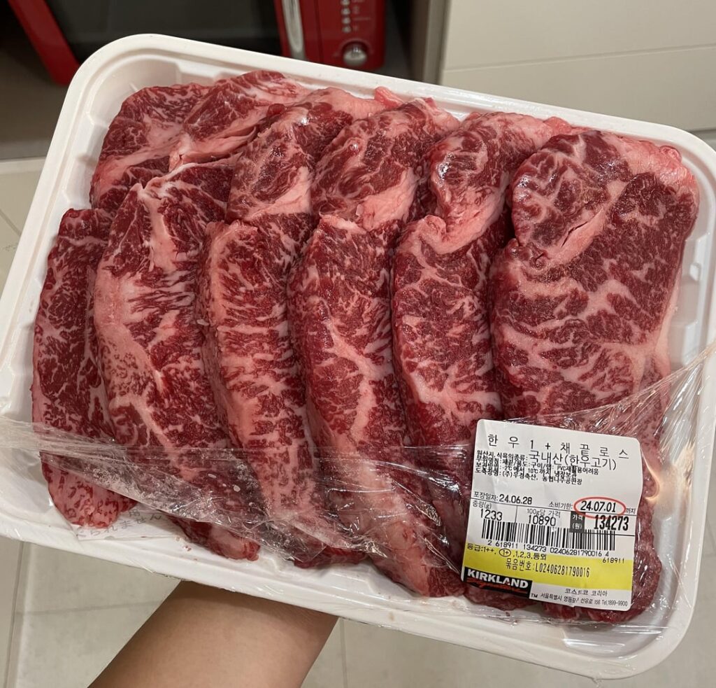 Korean Hanwoo(aka Hanu) beef about $8 USD per 100 grams ($35 USD per pound)