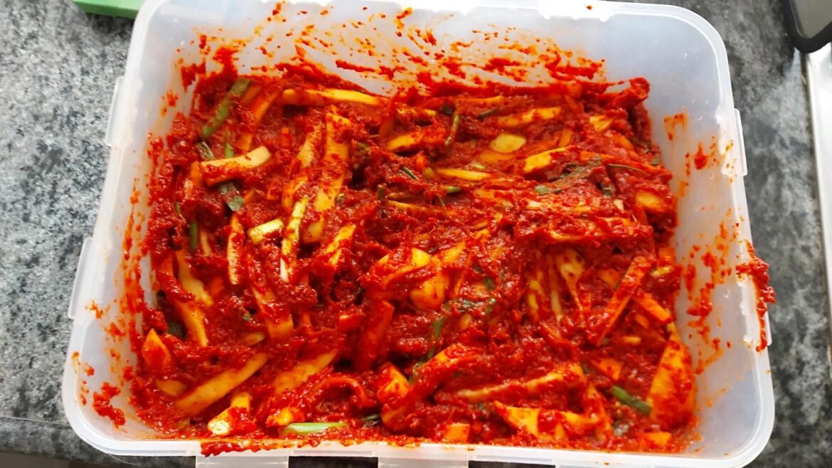 My mom tried making homemade kimchi for the first time, Napa cabbage and daikon are hard to find in my country so she used kohlrabi as the main vegetable instead :)