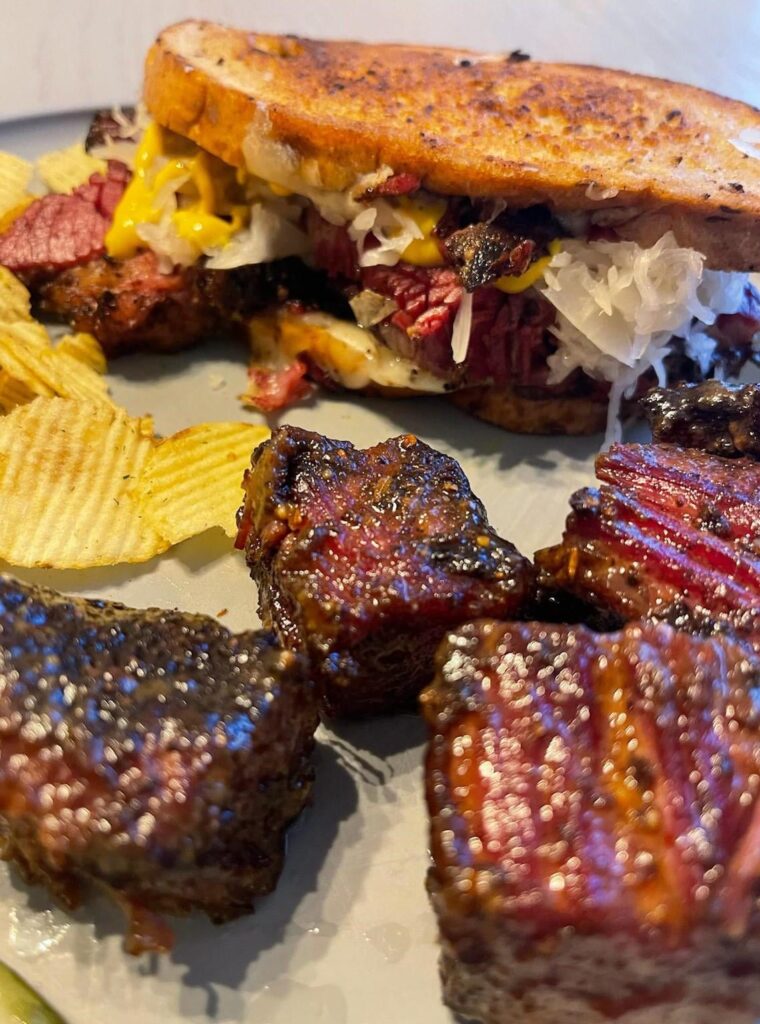 Homemade pastrami sandwich that I brined and smoked