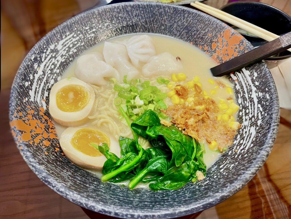 Shrimp Dumpling Ramen with Spinach, Egg, Corn, Green Onion & Fried Onions