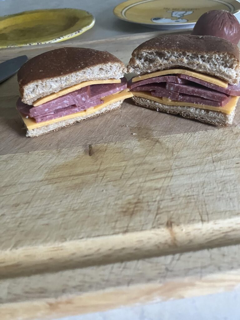 Homemade venison summer sausage & cheddar on a wheat bun for my kids - they’re favorite and was requested by them