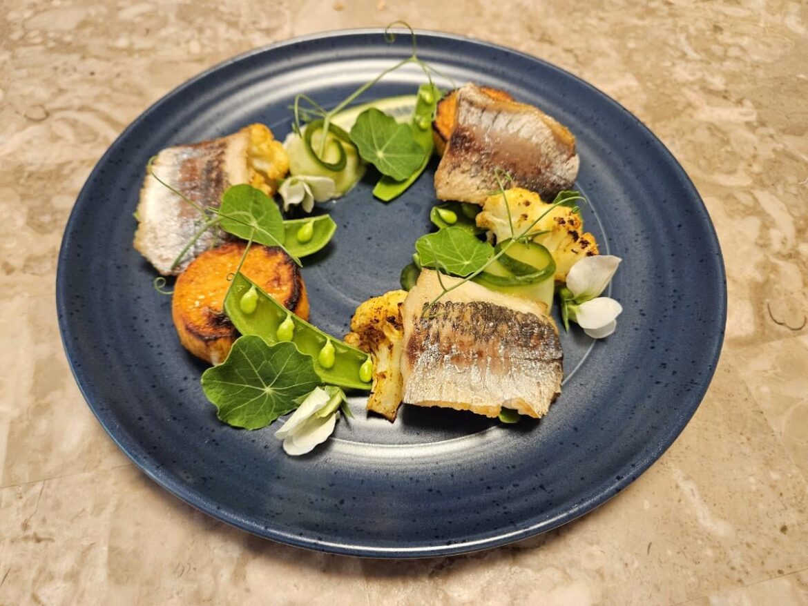 Mackerel, snap peas, cauliflower, sweet potato, cucumber