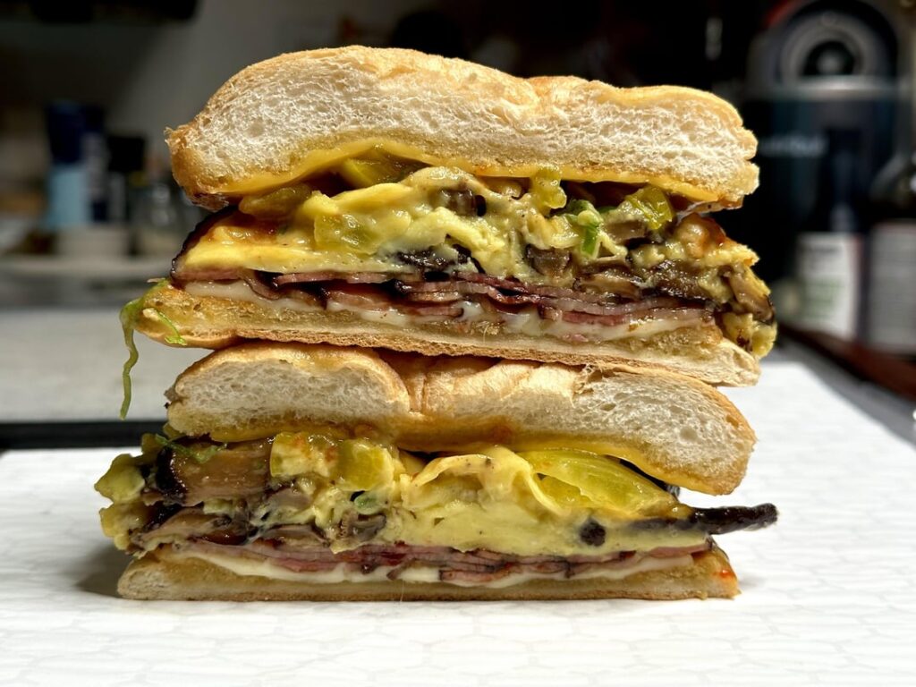 Hunter’s bacon, egg, cheese, and mushroom breakfast sandwich Hunter’s bacon, egg, cheese, and mushroom breakfast sandwich