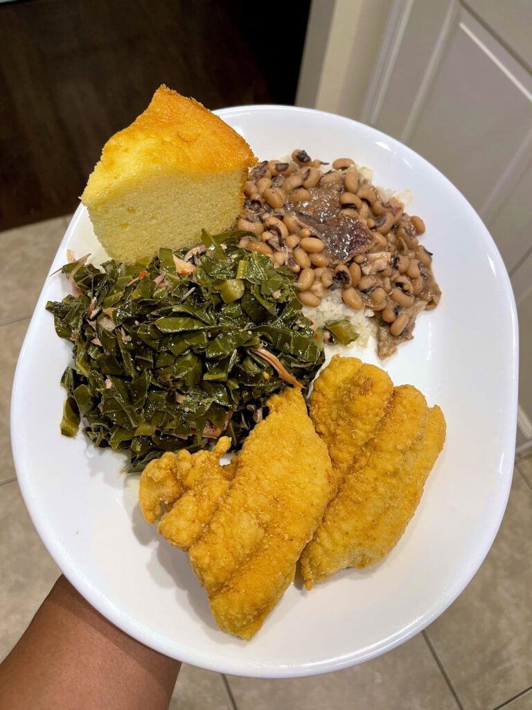 Fried catfish, black eyed peas, collard greens and cornbread