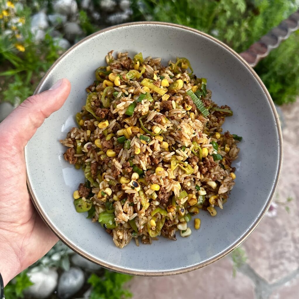 chrorizo sweet corn fried rice with shishito peppers