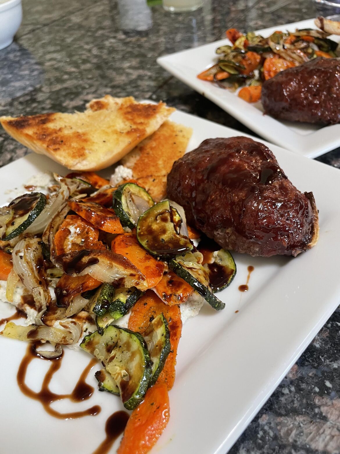Italian pork meatloaves with balsamic sauce , roasted vegetables and herbed ricotta. Delicious. Not sure if my husband loved it as much as I did because he’s not a huge ricotta fan.
