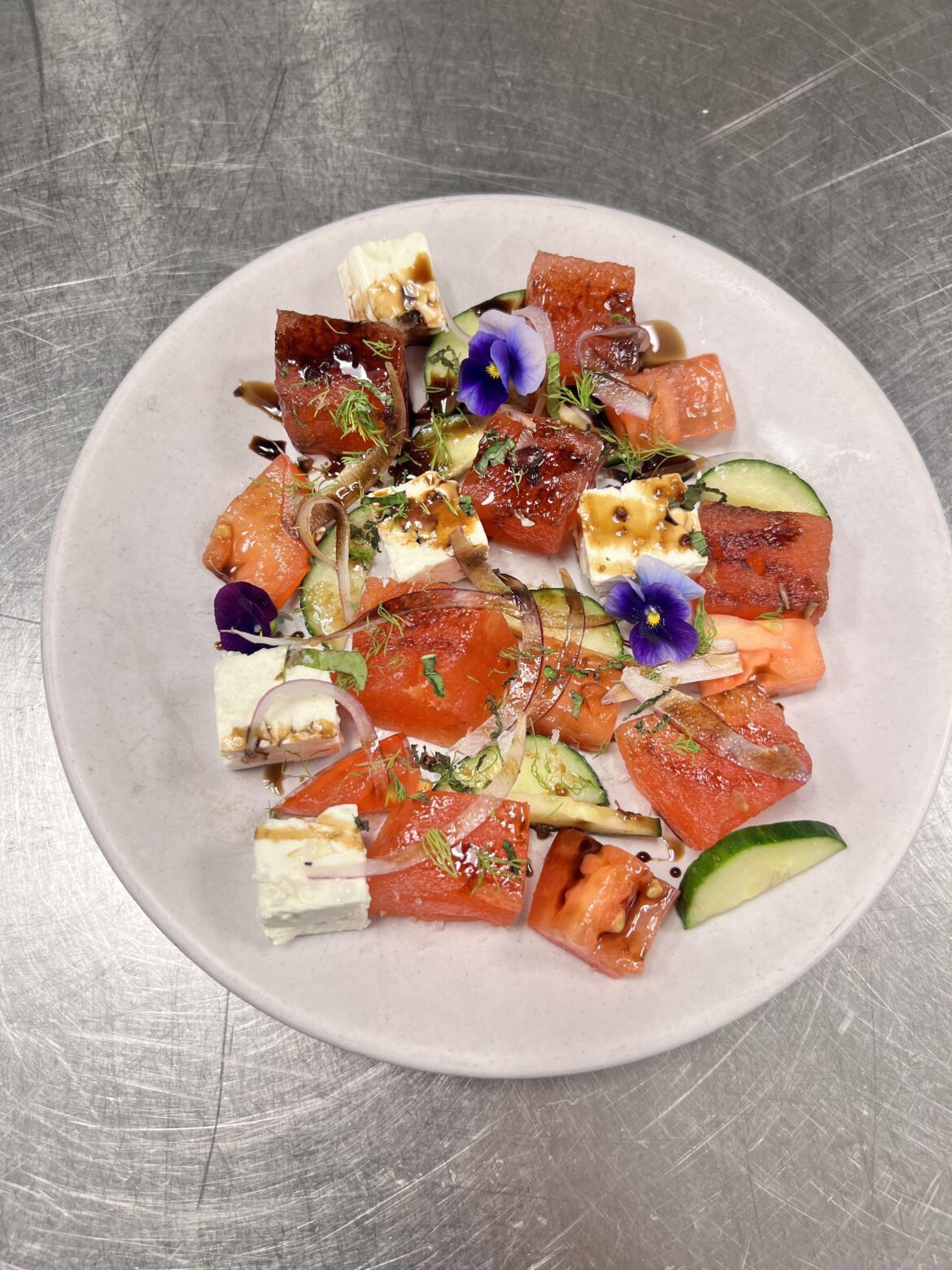 Compressed watermelon, cucumber, and feta salad