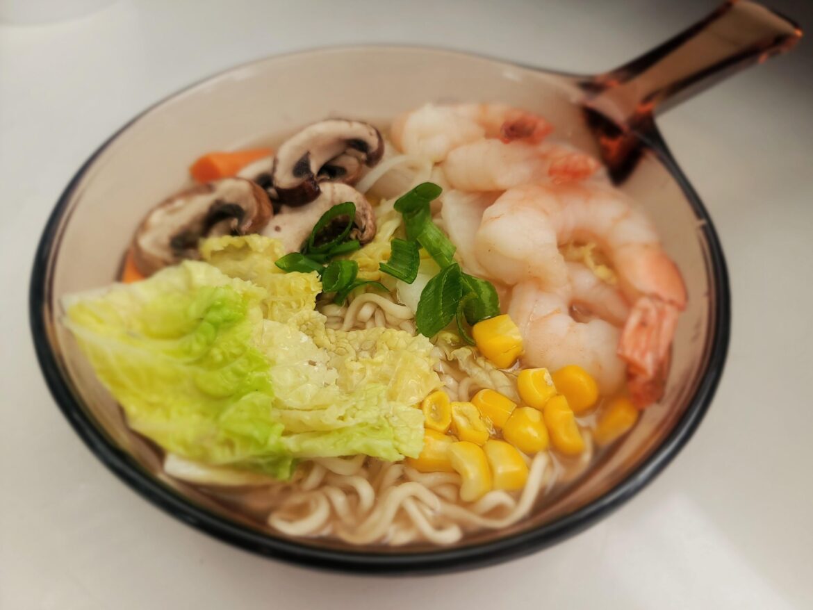 Shrimp with veggies and ginger soy sauce ramen soup