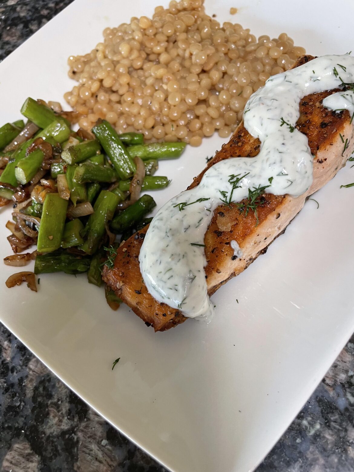 Salmon with dilly crème fraiche and asparagus. Yum