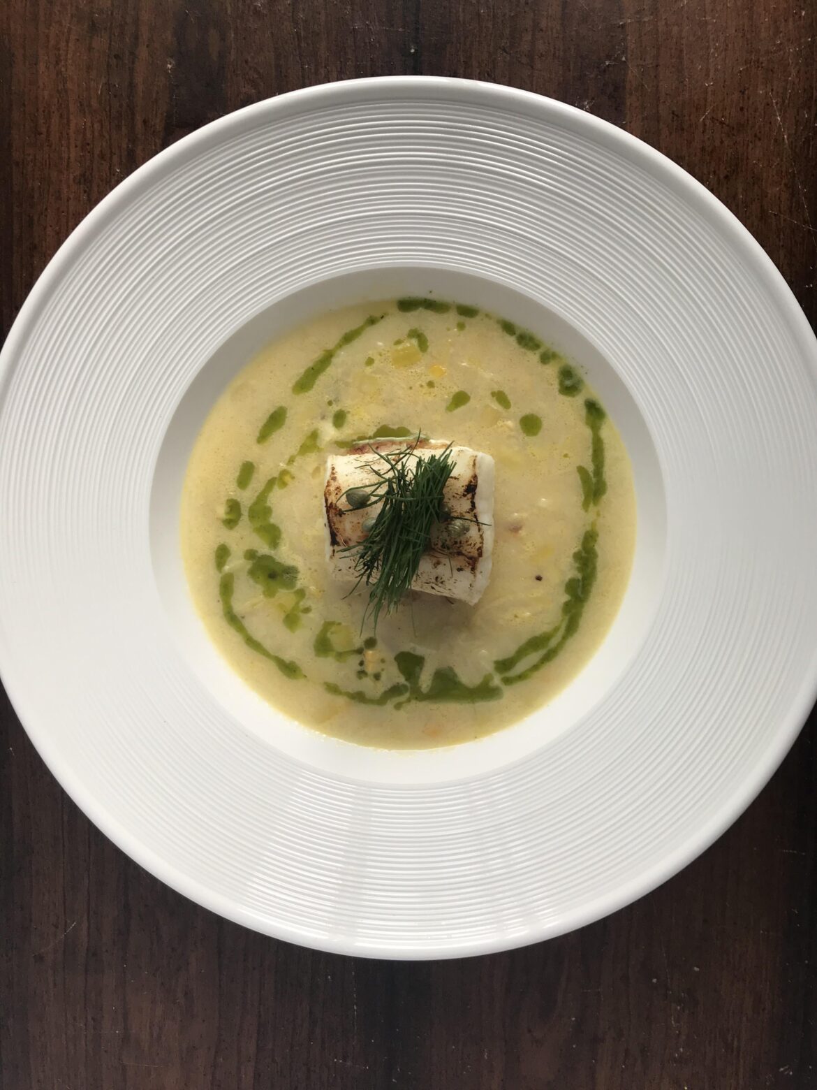 Puréed potato and leek. Cod. Dill Oil