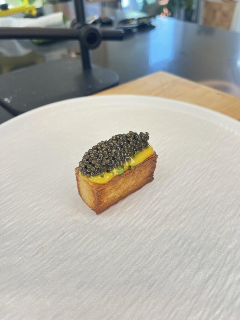 Duck Fat Potato Pave, Smoked Egg Yolk Cream, Chives, Caviar