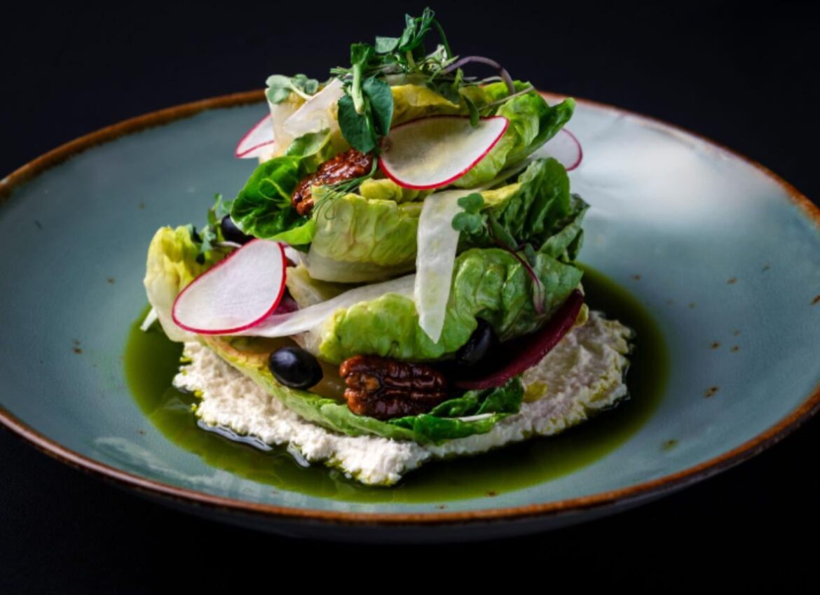 Baby gem lettuce, ricotta salata, shaved vegetables, candied pecans, lightly smoked olives