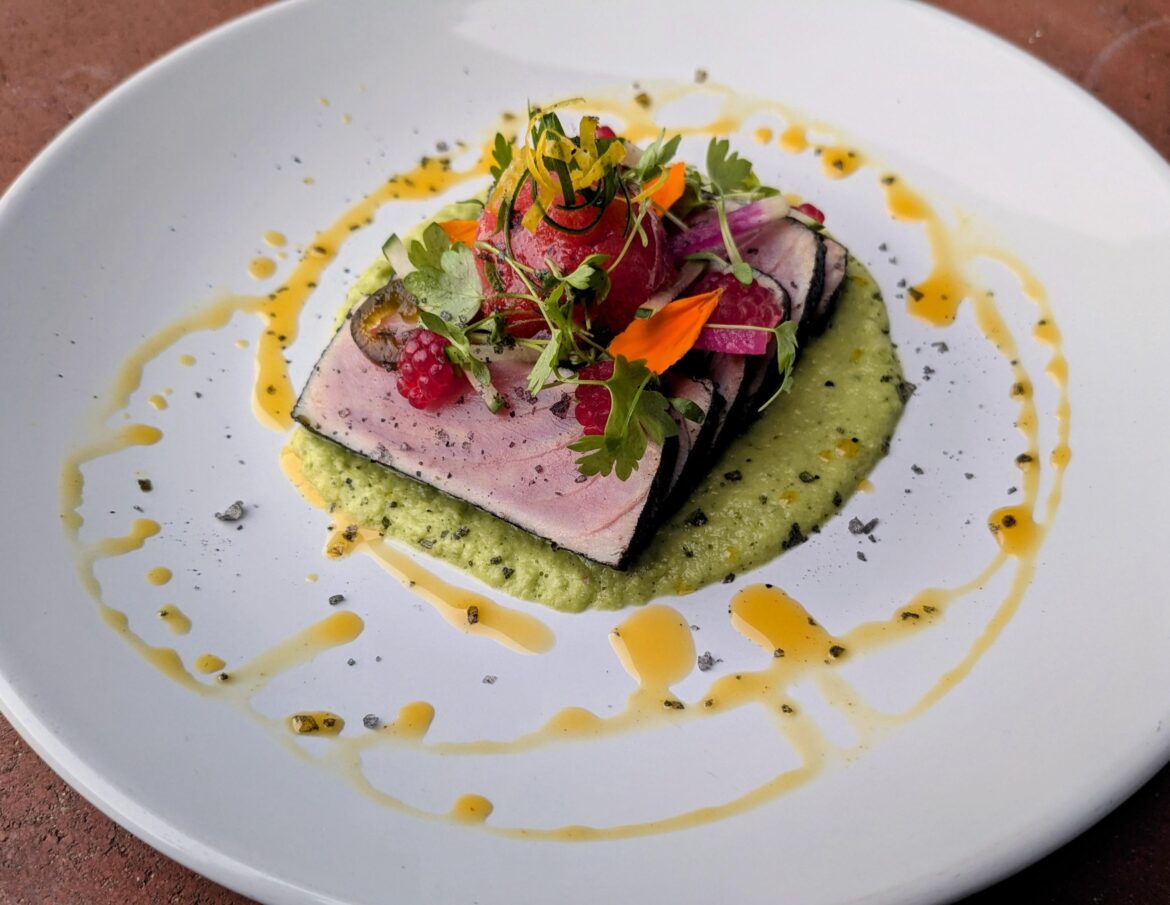 Cured Tuna, Serrano-Cucumber Gazpacho, Pink Lemonade Granita,Volcanic Salt