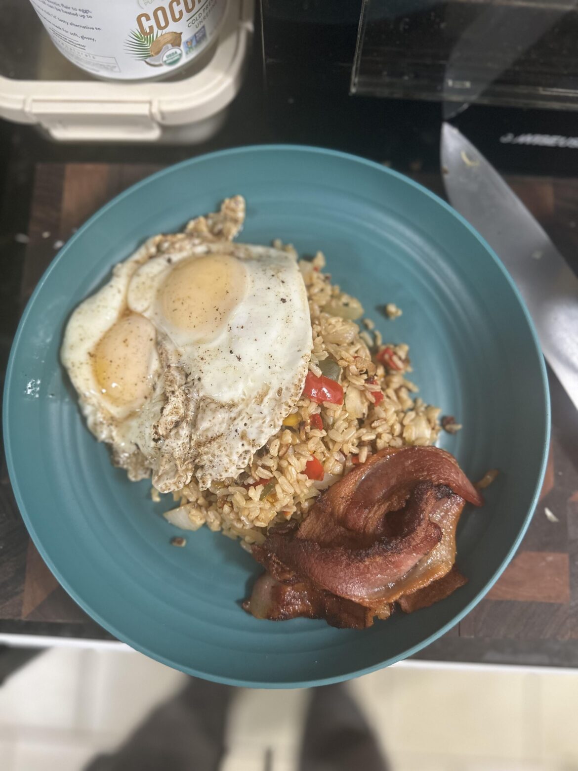 Eggs, fried rice, and bacon
