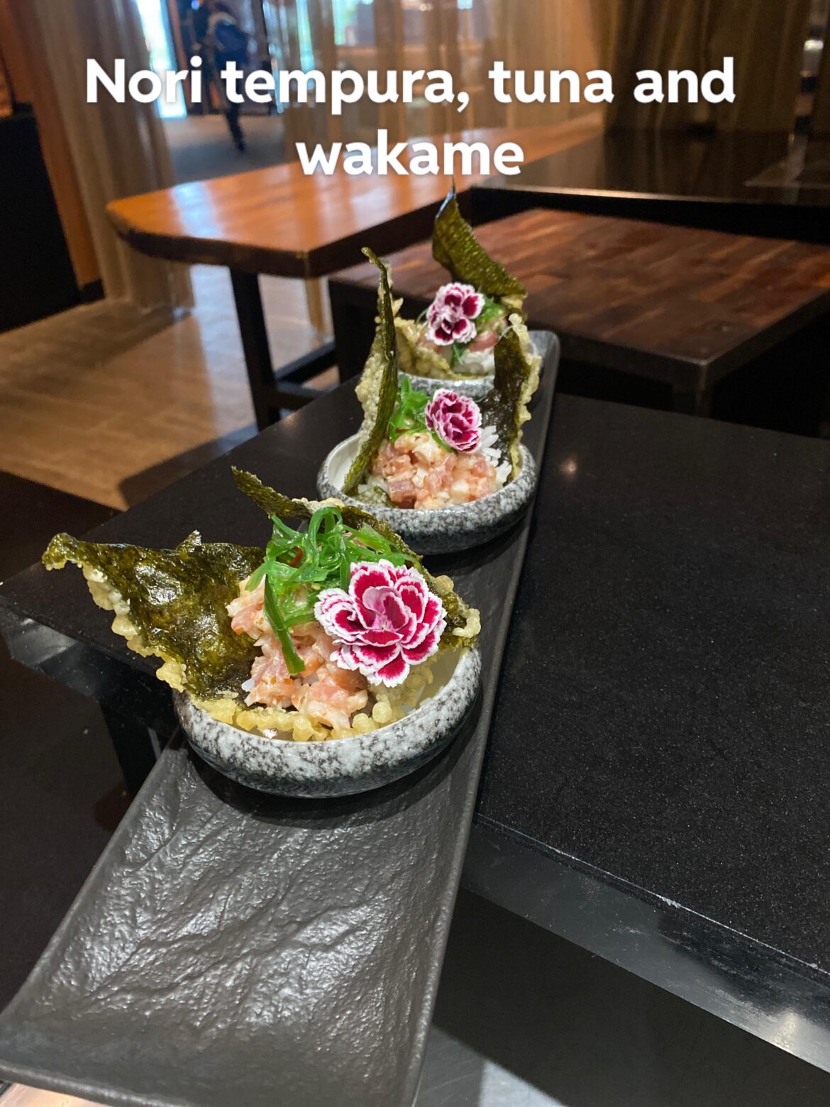 Nori tempura, tuna and wakame