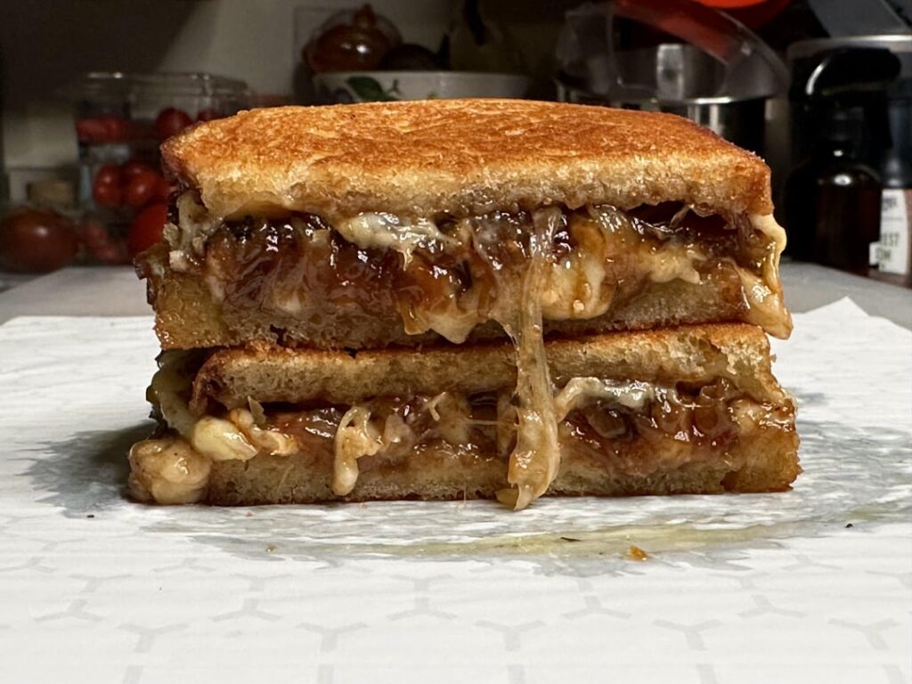 Grilled meatball and caramelized onion melt Grilled meatball and caramelized onion melt