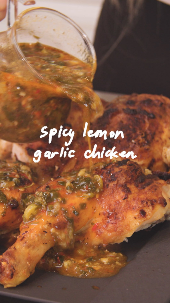 chicken maison inspired spicy lemon garlic chicken, my family's favorite way to enjoy roasted chicken with a spicy twist.
