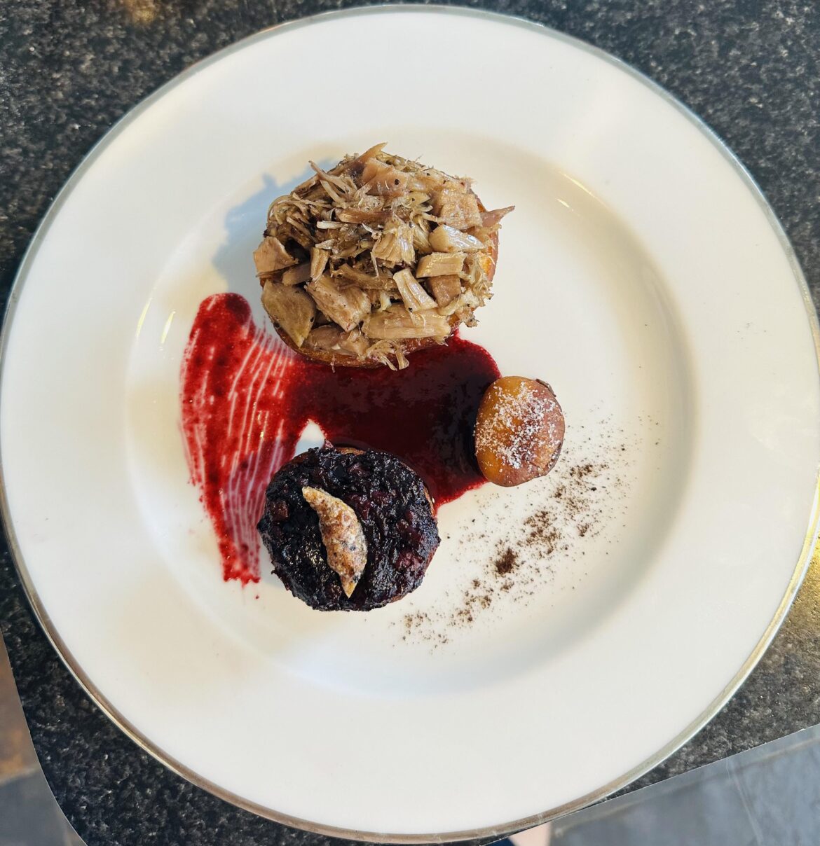 Duck n’ Donuts: Duck confit and foie gras jelly donuts with cherry maple sauce, salt & vinegar duck skin chip and espresso dust