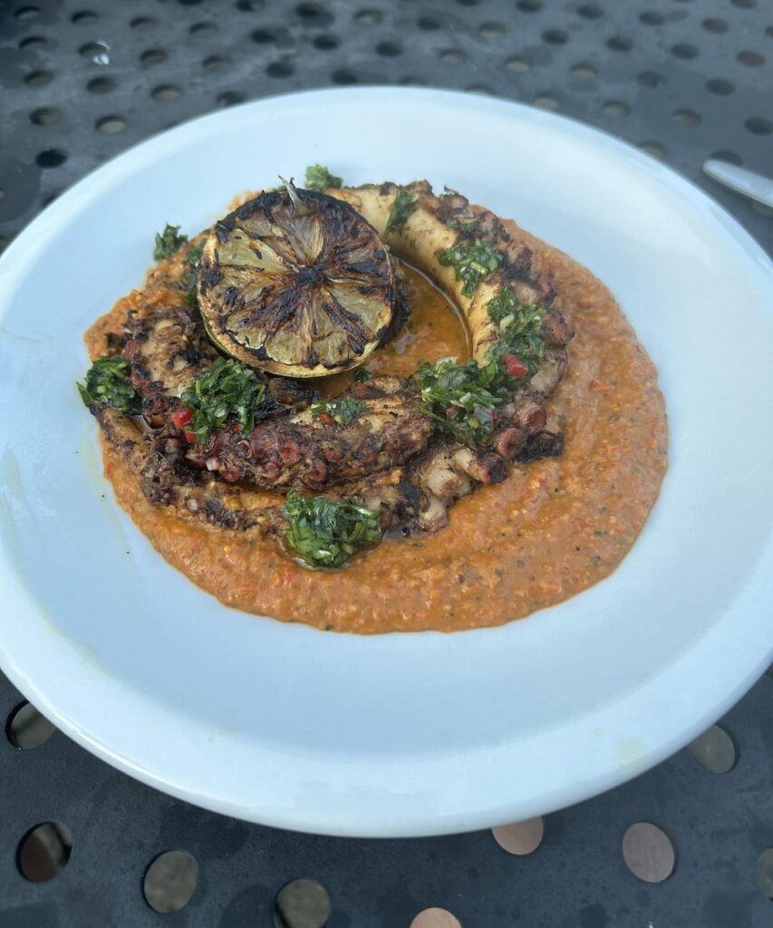 Grilled black garlic octopus, romesco, chimichurri, charred lime