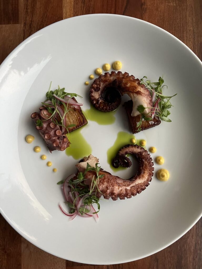 Crispy Braised Pulpo | Potato Pave | Salsa Criolla | Aji Amarillo Aioli | Cilantro Oil