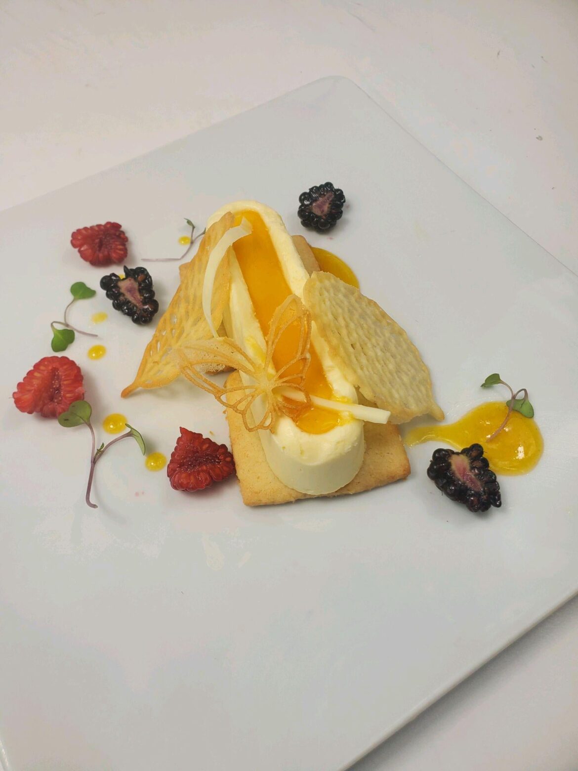 White chocolate moysse with passion fruit coulis on a cocunut shortbread cookie