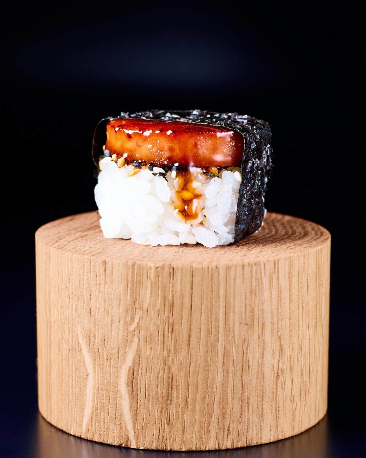 Spam musubi with Spam, rice, furikake, and a soy-oyster sauce, wrapped in nori