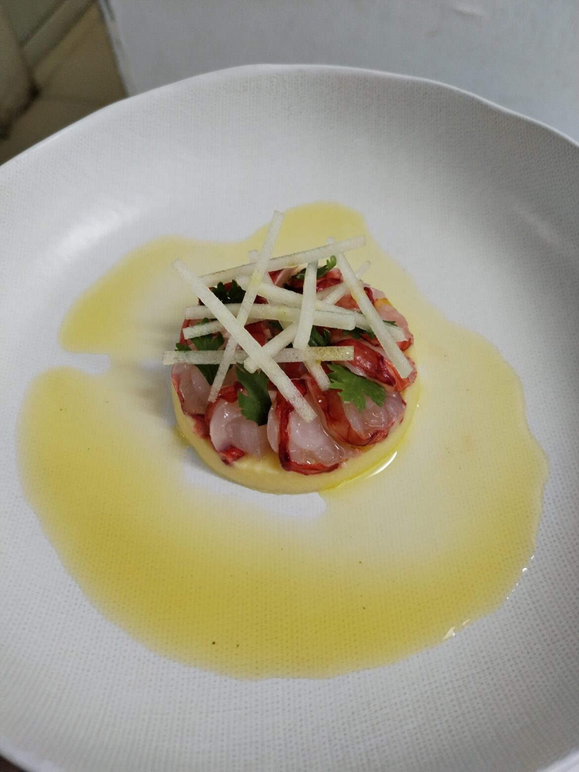 Carabineros ceviche, with apple sauce, green apple sticks, cilantro, olive oil