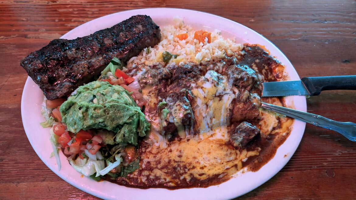 Texas Chili Parlor Steak and Enchilada plate