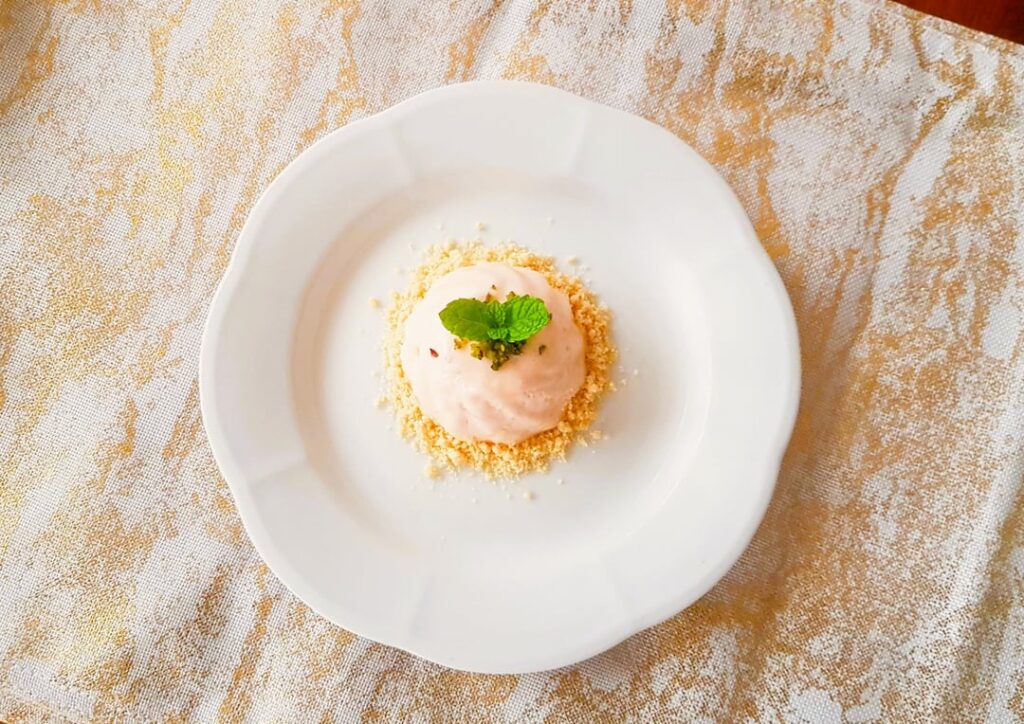 Strawberry bavarois with a cookie crumble and pistachio! (mint was from mom's garden)